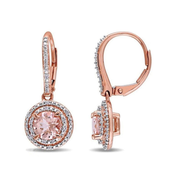 Pink Round CZ Double Halo Drop Earrings