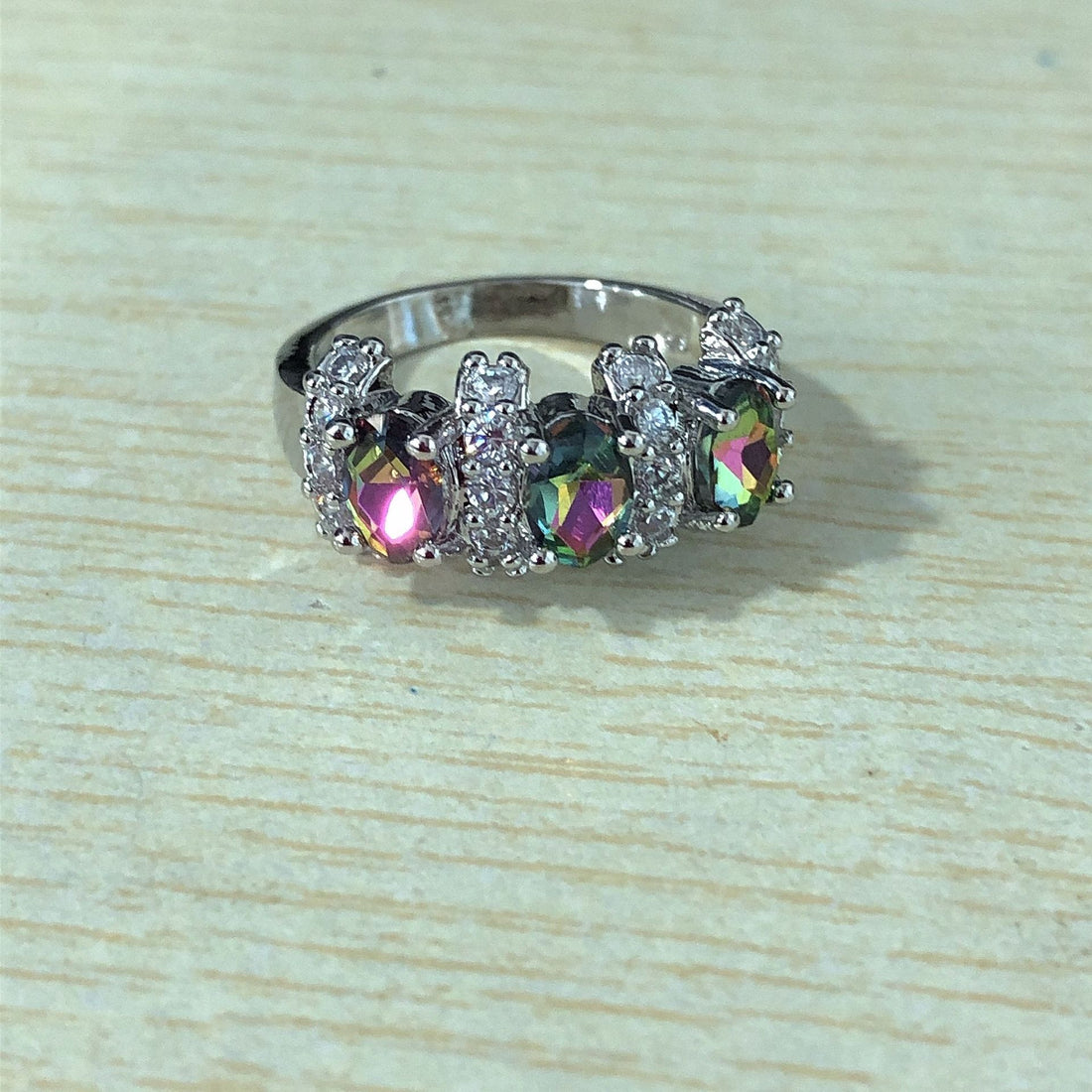 Rainbow Mystic Oval CZ Bar Accent Band Ring