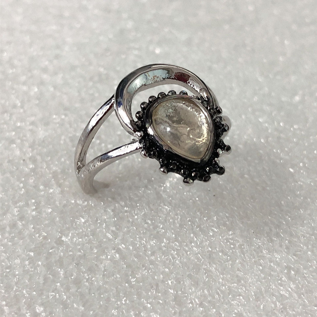 Opal-Look Pear Black CZ Halo Bypass Ring
