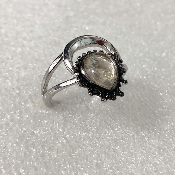 Opal-Look Pear Black CZ Halo Bypass Ring