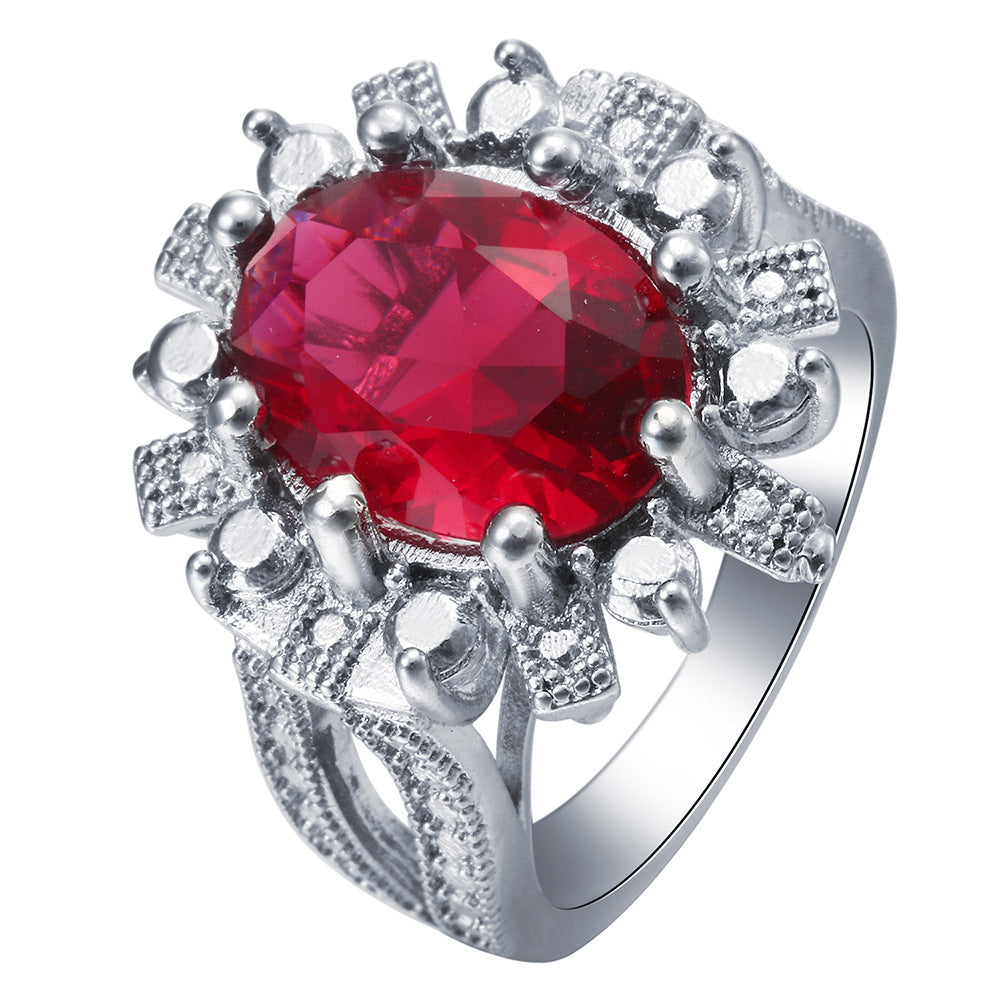Ruby-Red Oval CZ Sunflower Halo Ring