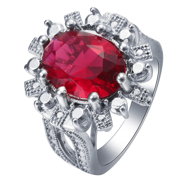 Ruby-Red Oval CZ Sunflower Halo Ring