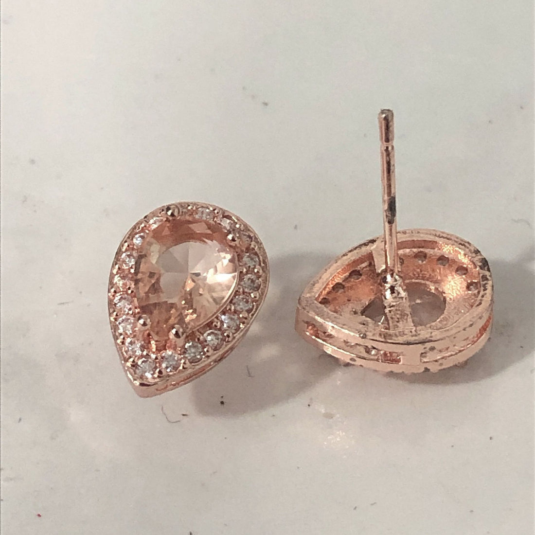 Champagne Pear CZ Halo Stud Earrings