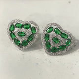Green Oval CZ Double Heart Stud Earrings