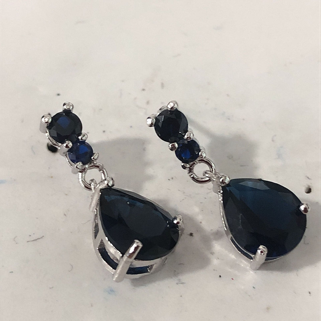 Sapphire-Blue Pear CZ Graduated Drop Earrings