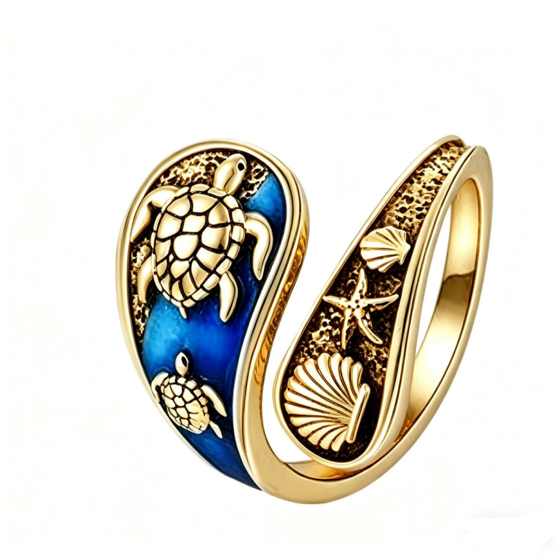 Sea Turtle Blue Enamel Open Wrap Ring