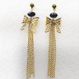 Gold Bow Black Bead Tassel Drop Earrings