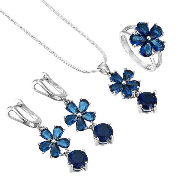 Sapphire-Blue CZ Flower Jewelry Set