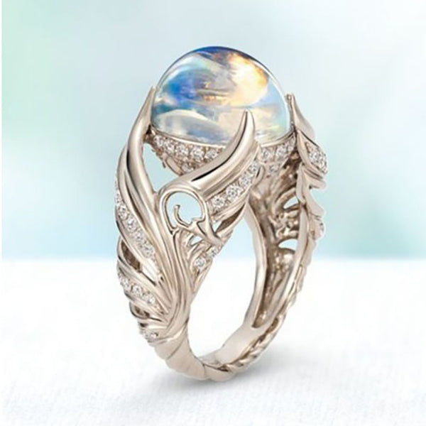 Moonstone-Look Dome Swan Wing Ring