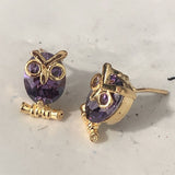 Purple CZ Gold Owl Stud Earrings