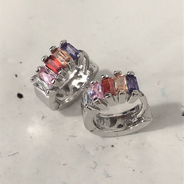 Rainbow Baguette CZ Small Huggie Earrings