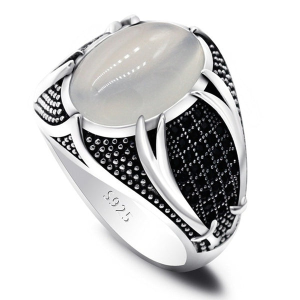 Moonstone-Look Oval Black Pave Signet Ring
