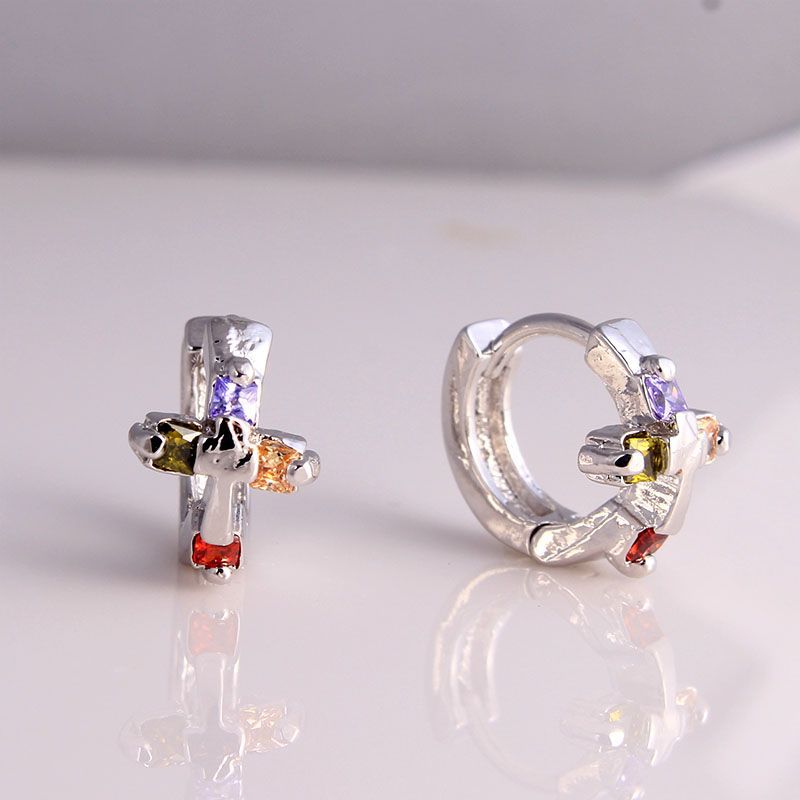 Multicolor CZ Cross Huggie Earrings