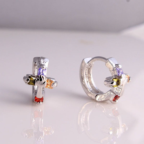 Multicolor CZ Cross Huggie Earrings