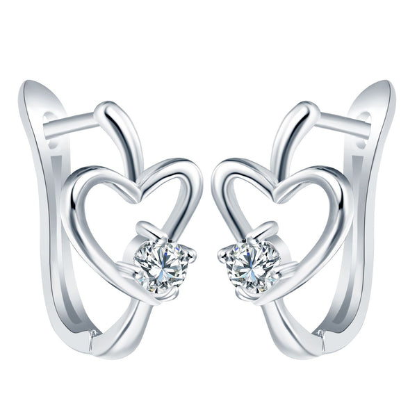 Silver Open Heart CZ Huggie Earrings