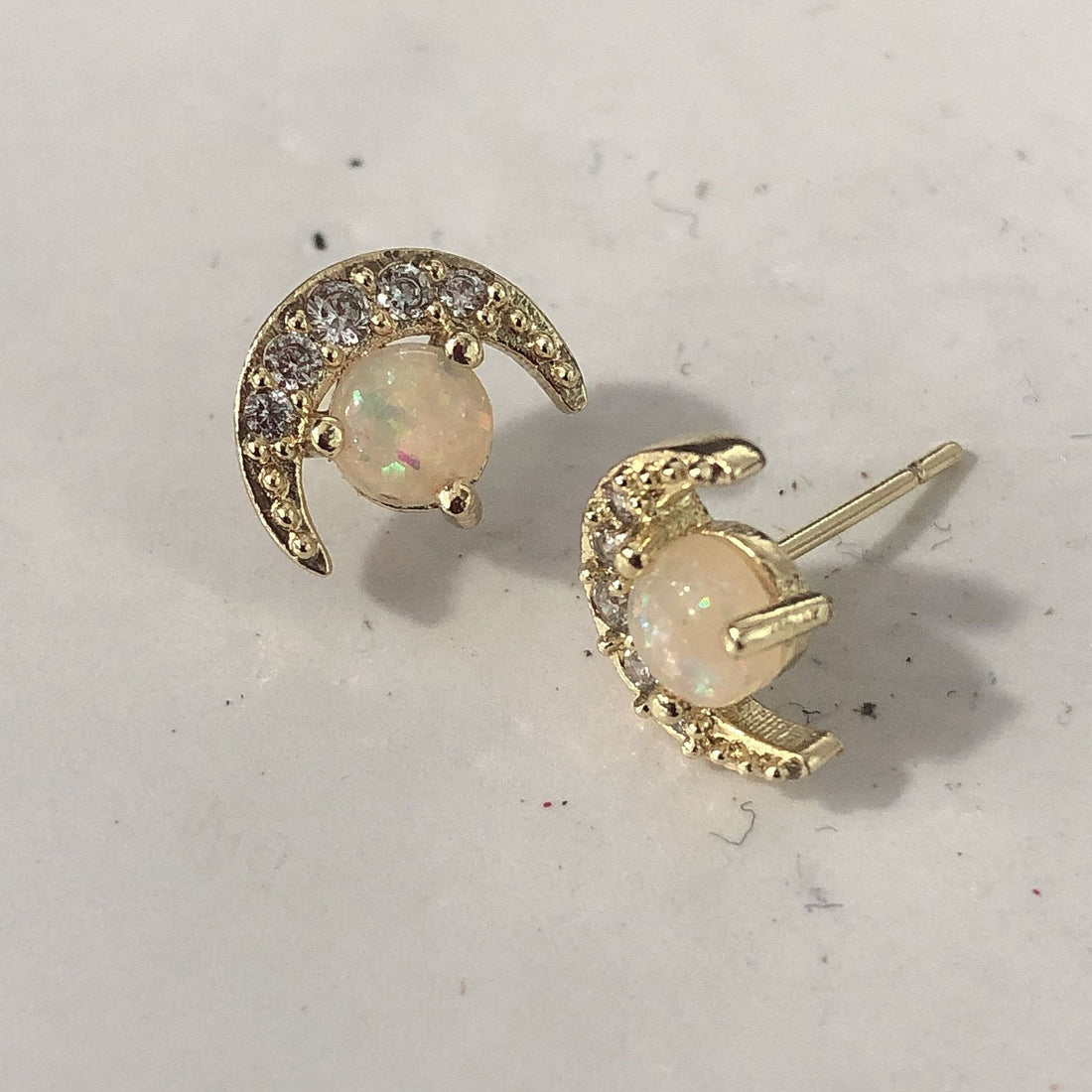 Opal-Look Crescent Moon CZ Stud Earrings