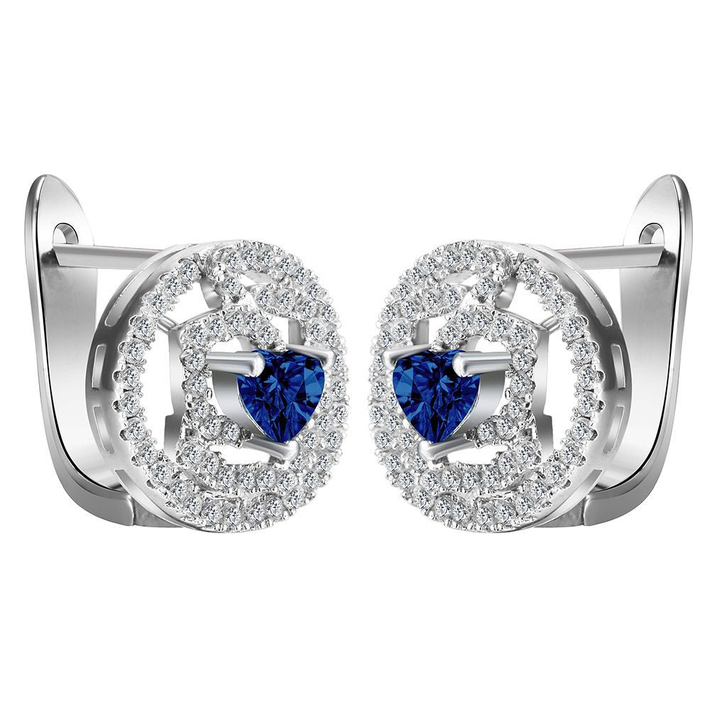 Sapphire-Blue Heart CZ Oval Halo Leverback Earrings