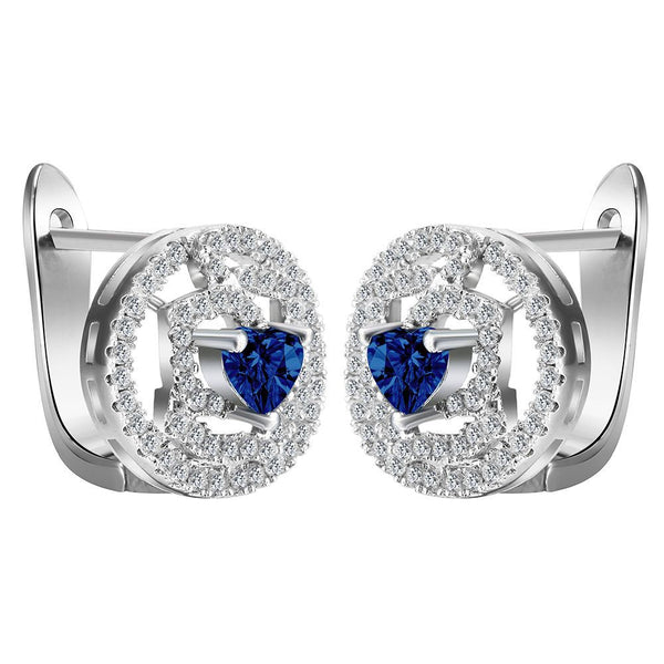 Sapphire-Blue Heart CZ Oval Halo Leverback Earrings