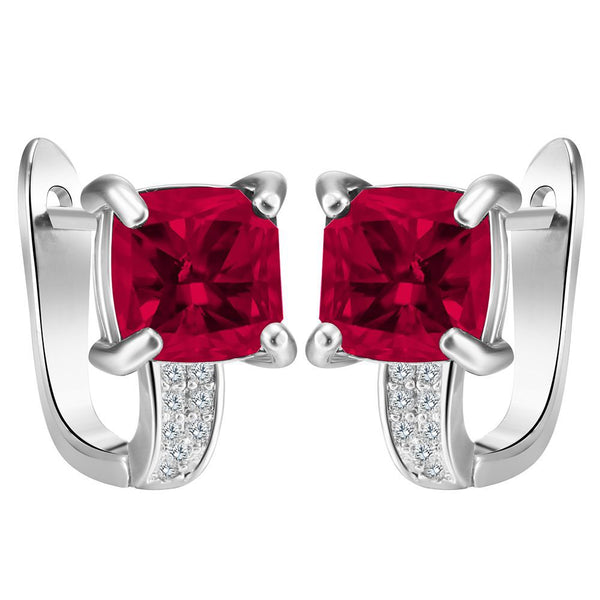 Ruby-Red Cushion CZ Solitaire Leverback Earrings