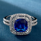 Sapphire-Blue Cushion CZ Double Halo Ring
