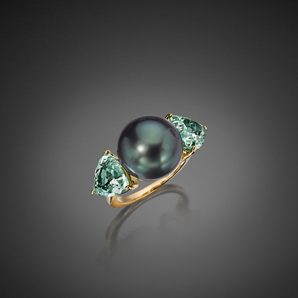 Pearl-Look Green CZ Toi-et-Moi Open Ring