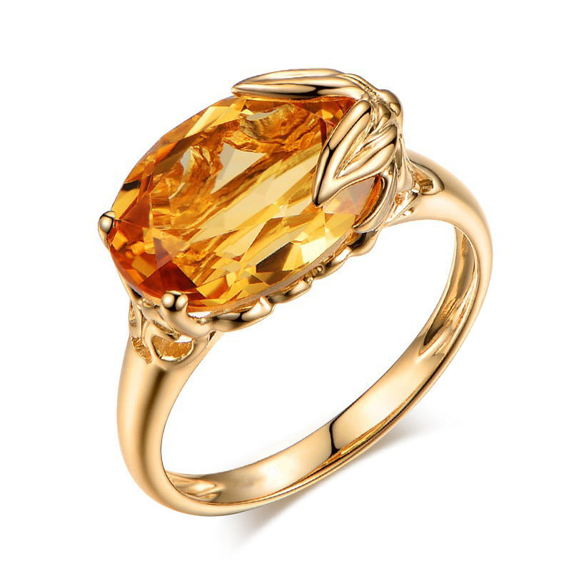 Yellow Oval CZ Gold Leaf Prong Ring