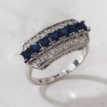 Sapphire-Blue Princess CZ Row Wide Band Ring