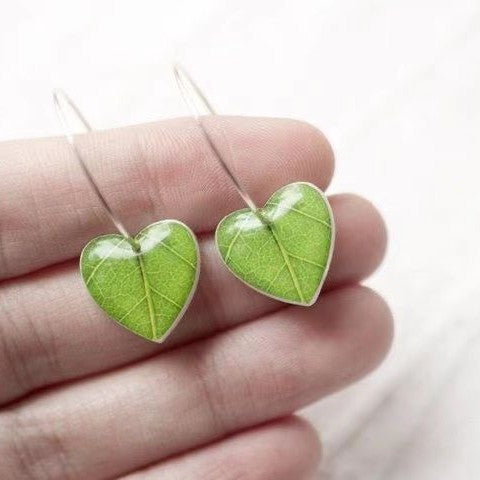 Green Leaf Heart Hook Earrings