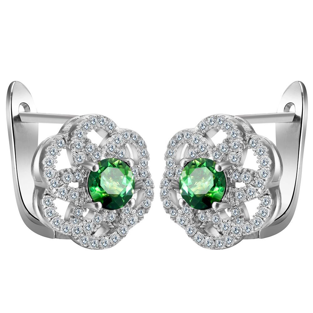 Green Round CZ Looped Petal Leverback Earrings
