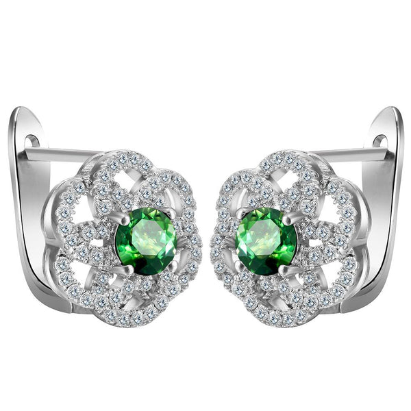Green Round CZ Looped Petal Leverback Earrings