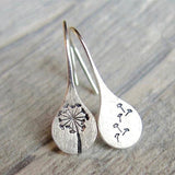 Engraved Dandelion Teardrop Hook Earrings
