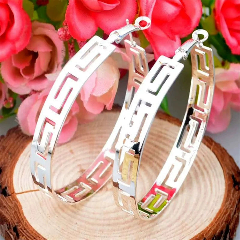 Silver Greek Key Cutout Large Hoop Earrings