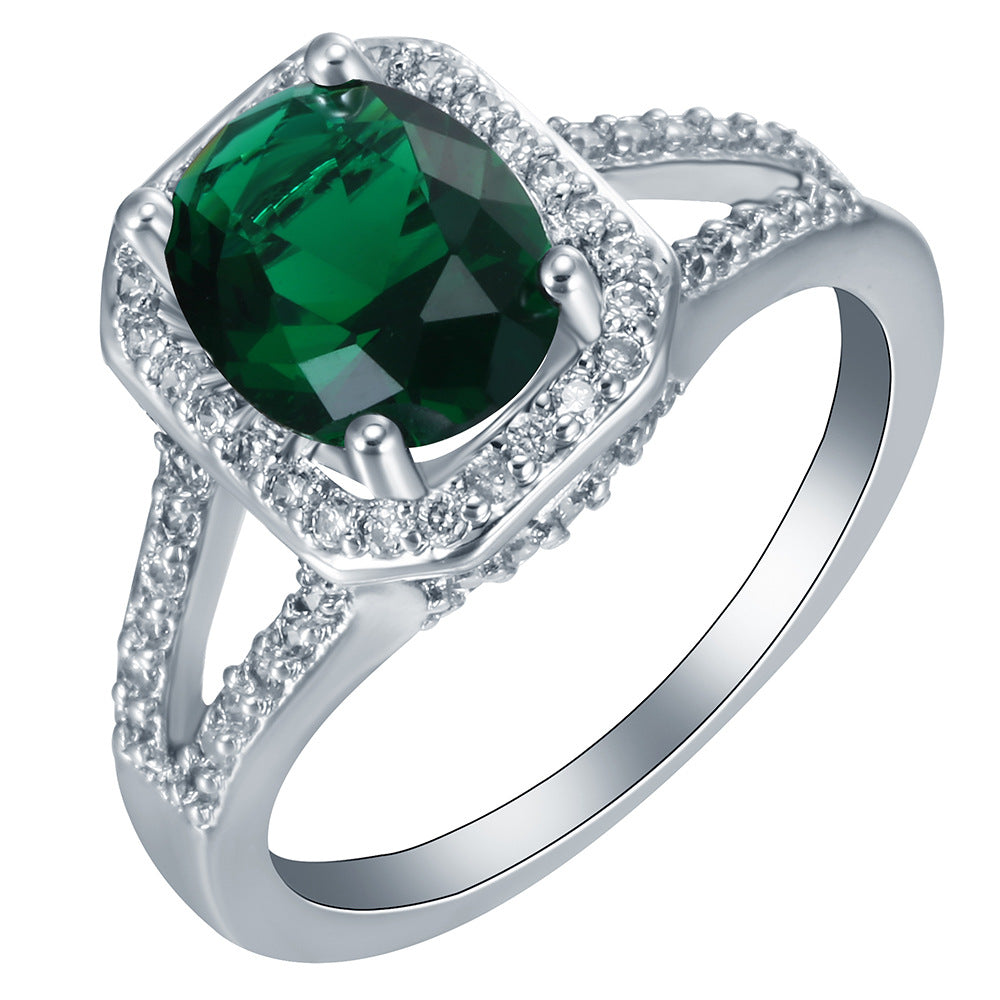 Emerald-Green Cushion CZ Halo Split-Shank Ring