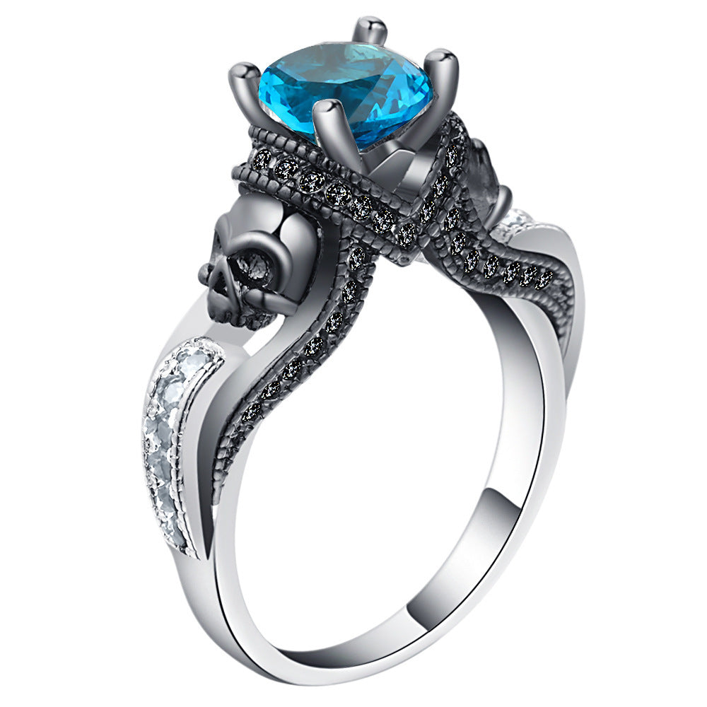 Aqua CZ Black Skull Solitaire Ring