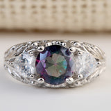Rainbow Mystic CZ Three-Stone Filigree Ring