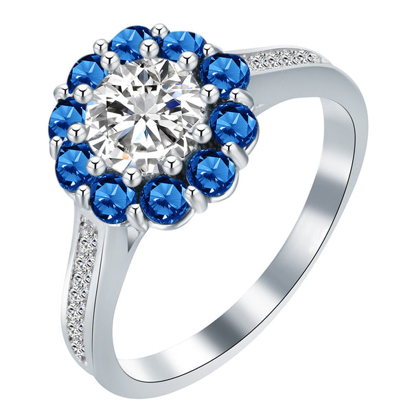 Round CZ Sapphire-Blue Flower Halo Ring