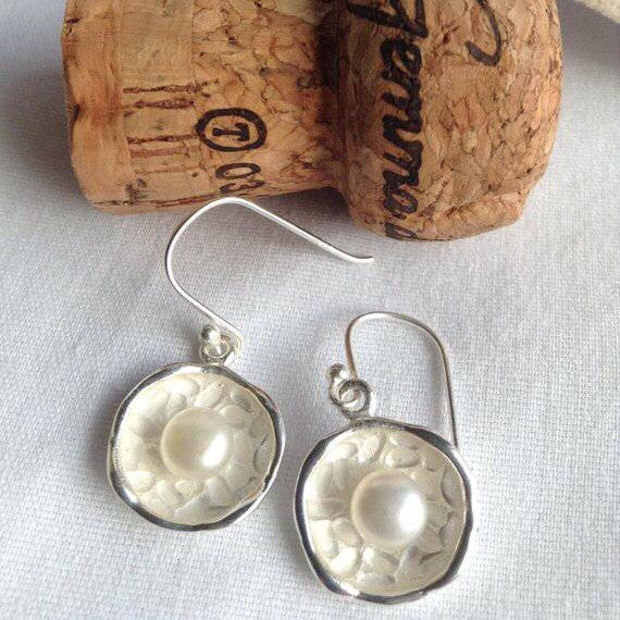 Pearl-Look Carved Sunflower Disc Hook Earrings