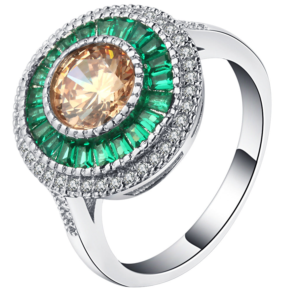Champagne CZ Emerald-Green Baguette Halo Ring