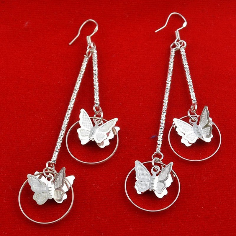 Butterfly Circle Long Drop Earrings