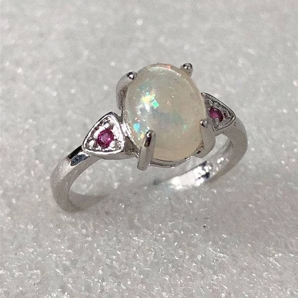Opal-Look Oval Pink CZ Accent Ring