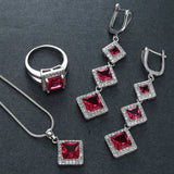 Ruby-Red Square CZ Tiered Drop Jewelry Set