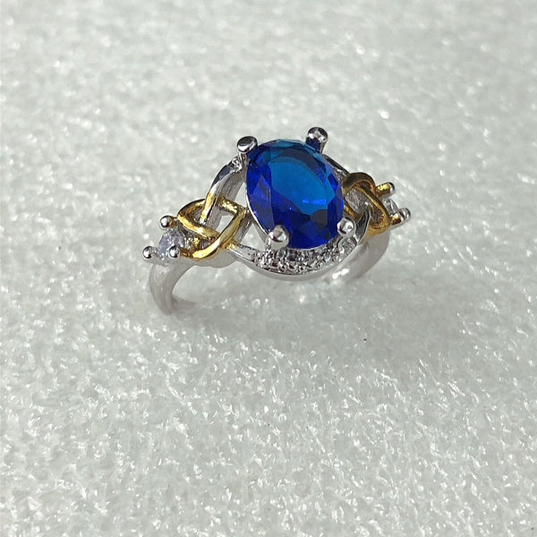 Sapphire-Blue Oval CZ Celtic Knot Ring
