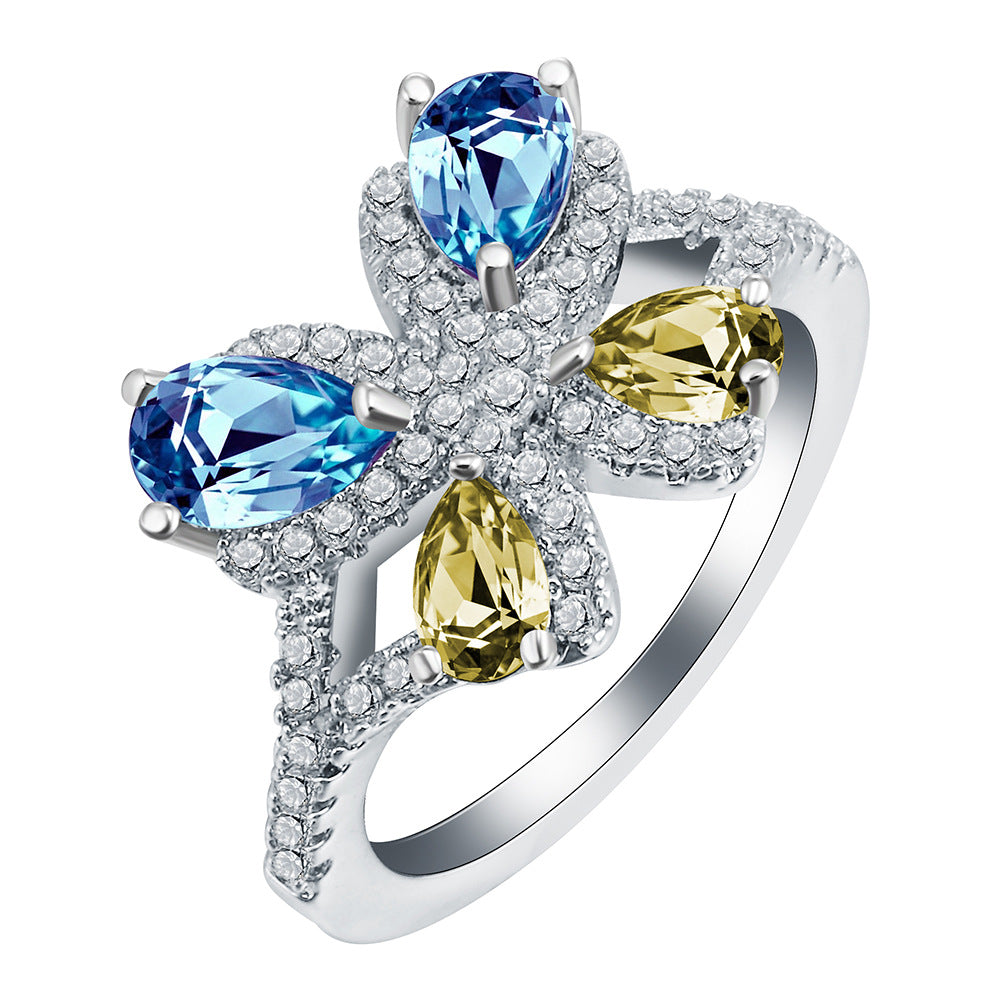 Blue and Yellow Pear CZ Butterfly Ring