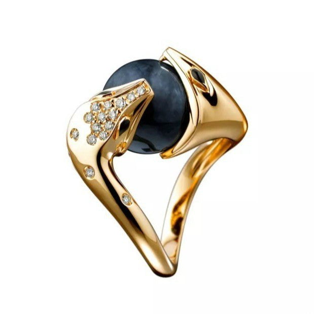 Black Pearl-Look Snake Wrap Gold Ring