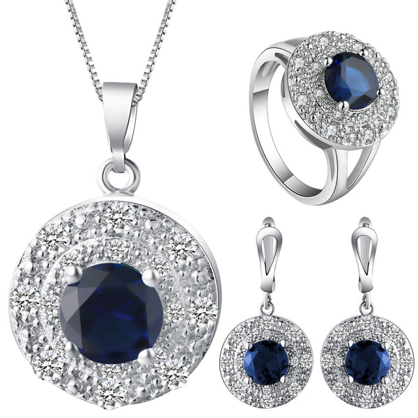 Sapphire-Blue Round CZ Halo Jewelry Set