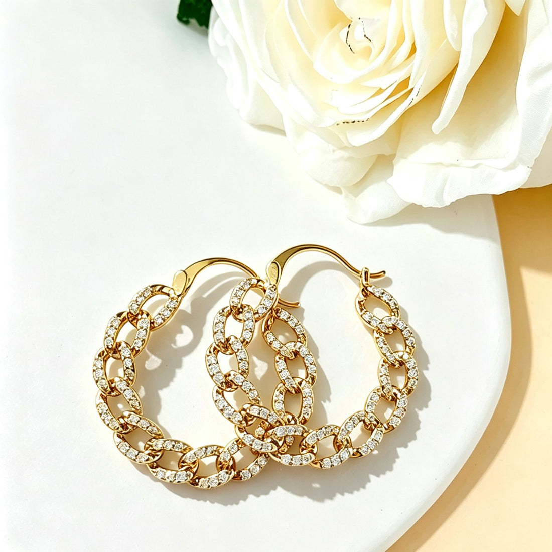 CZ Pave Curb Link Hoop Earrings