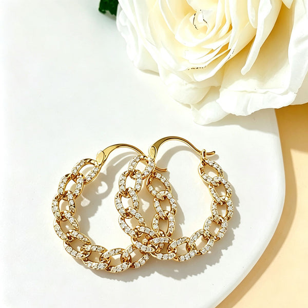 CZ Pave Curb Link Hoop Earrings