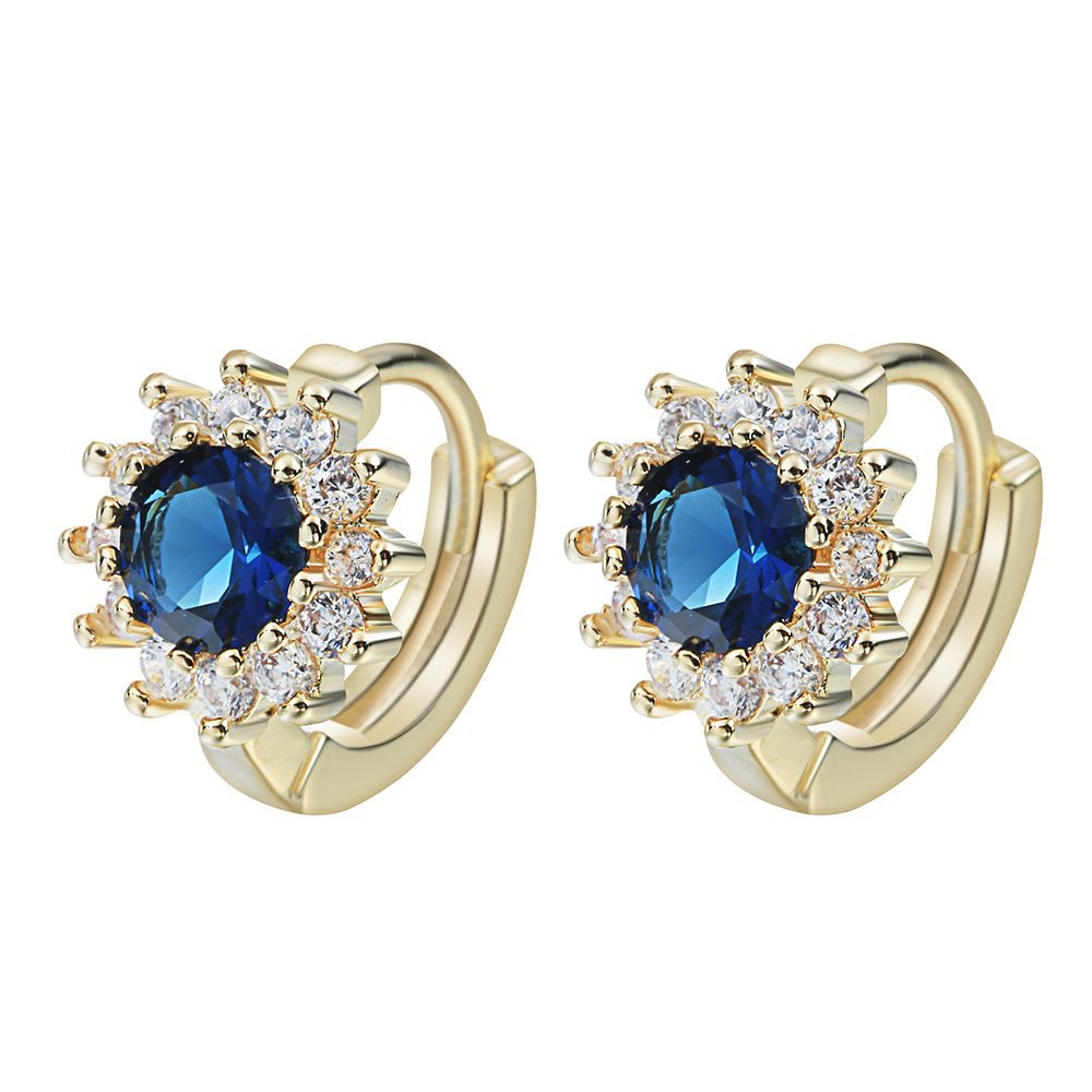 Sapphire-Blue Sunflower Halo Gold Huggie Earrings