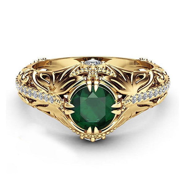 Emerald-Green Oval CZ Filigree Gold Ring