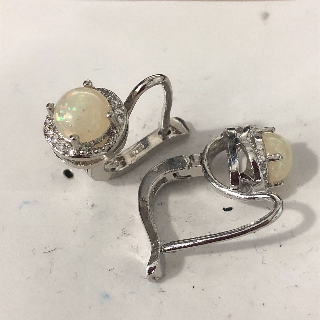 White Opal-Look Round Heart Leverback Earrings